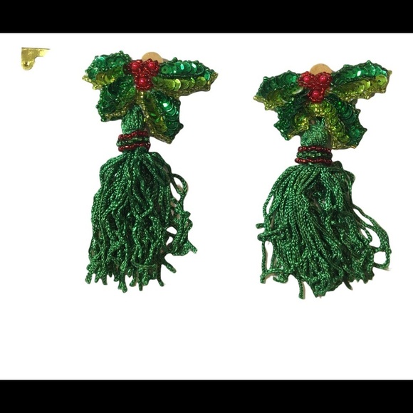 HANDMADE Christmas butterfly clip on tassels earrings green red - Picture 1 of 7